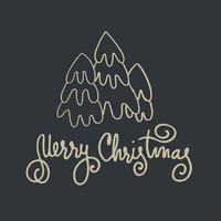 Merry Christmas greeting card, holiday illustration. Hand lettering, ornamental Christmas trees like gold vector