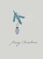 Merry Christmas greeting card template. Minimalistic design with branch arrangement. Twigs with leaves and berries in a cup, snowflakes, hand lettering on blue background vector