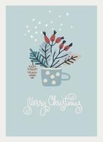 Merry Christmas greeting card template. Minimalistic design with branch arrangement. Twigs with leaves and berries in a cup, snowflakes, hand lettering on blue background vector