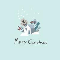 Merry Christmas greeting card template. Minimalistic design with branch arrangement. Twigs with leaves and berries in a cup, snowflakes, hand lettering on blue background vector