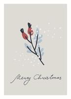 Merry Christmas greeting card template. Minimalistic design with branch arrangement. Twigs with leaves and berries in a cup, snowflakes, hand lettering on blue background vector