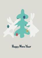 feliz tarjeta de felicitación de año nuevo con conejo de agua, animal zodiaco para 2023 en el bosque nocturno. divertido horóscopo chino conejo y frase de saludo con letras a mano vector