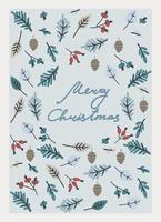 Merry Christmas greeting card template. Minimalistic design with branch arrangement. Twigs with leaves and berries in a cup, snowflakes, hand lettering on blue background vector