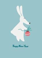 Happy New Year greeting card with Water Rabbit, zodiac animal for 2023 in the night forest. Funny Chinese horoscope rabbit and hand-lettered greeting phrase vector