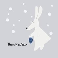 feliz tarjeta de felicitación de año nuevo con conejo de agua, animal zodiaco para 2023 en el bosque nocturno. divertido horóscopo chino conejo y frase de saludo con letras a mano vector