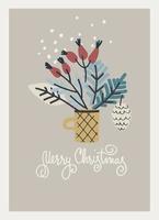 Merry Christmas greeting card template. Minimalistic design with branch arrangement. Twigs with leaves and berries in a cup, snowflakes, hand lettering on blue background vector