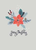 Merry Christmas greeting card template. Minimalistic design with branch arrangement. Twigs with leaves and berries in a cup, snowflakes, hand lettering on blue background vector