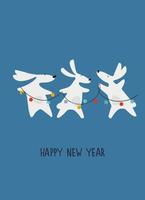 Happy New Year greeting card with Water Rabbit, zodiac animal for 2023 in the night forest. Funny Chinese horoscope rabbit and hand-lettered greeting phrase vector