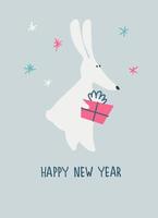 Happy New Year greeting card with Water Rabbit, zodiac animal for 2023 in the night forest. Funny Chinese horoscope rabbit and hand-lettered greeting phrase vector