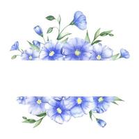 A place for text made of watercolor flax flowers, stems and buds. Rectangular frame of blue wildflowers for postcards and invitations, save postcards with dates. Vector illustration