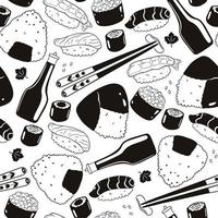 Black and white seamless pattern with sushi and onigiri. Vector graphics.