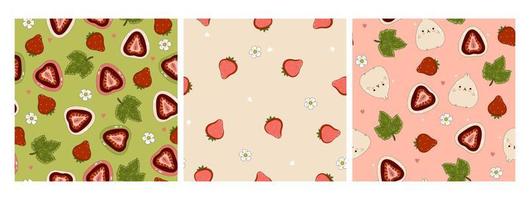 Set of seamless patterns with strawberry daifuku. Vector graphics.