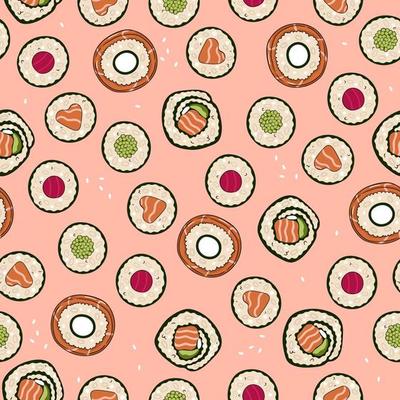 Seamless pattern with sushi top view. Vector graphics.