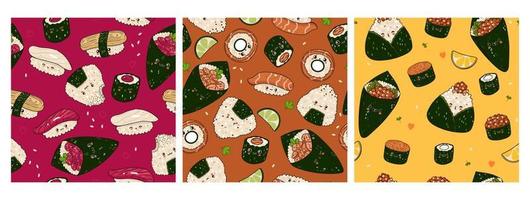 Set of seamless patterns with kawaii sushi and onigiri. Vector graphics.