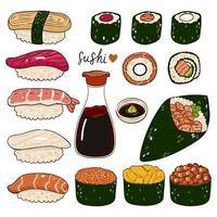 Set of different types of sushi and soy sauce isolated on white background. Vector graphics.