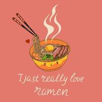 Postcard with kawaii ramen noodles. Vector graphics.