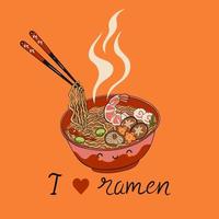Postcard with kawaii ramen noodles. Vector graphics.