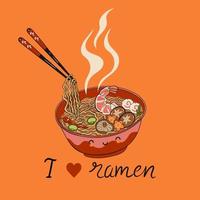 Postcard with kawaii ramen noodles. Vector graphics.