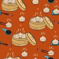 Seamless pattern with kawaii dim sum. Vector graphics.