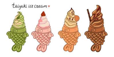 A set of ice cream in the form of taiyaki fish isolated on a white background. Vector graphics.