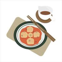 Xiao Long Bao. Shanghai street dumplings with sauce, food with chopsticks. vector