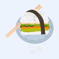 Sushi burger with avocado, with vegetables, with tuna. Sprinkle with black sesame. Eat with chopsticks. With teriyaki sauce. vector