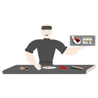 An Asian chef prepares sushi. He stands at the table in a black coat. vector