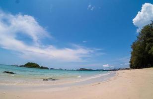 Landscape summer front fisheye view  tropical sea beach blue white sand  sky background calm Nature ocean Beautiful  wave water travel Nang Ram Beach East thailand Chonburi Exotic horizon. photo