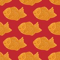 patrón sin costuras de taiyaki. Torta en forma de pez con relleno de frijol rojo. comida callejera japonesa. ilustración vectorial de dibujos animados. vector