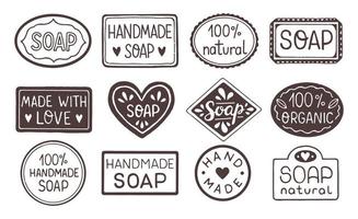 Hand drawn labels for handmade soap bars. Handmade soap stamp. Set of vector templates for all kind soap design