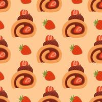 Strawberry vanilla chocolate cake roll seamless pattern. Japanese dessert roll. vector