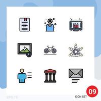 Mobile Interface Filledline Flat Color Set of 9 Pictograms of movement search personal photo report Editable Vector Design Elements