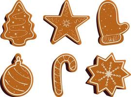 Set of Christmas cookies. Gingerbread in flat style.Glazed gingerbread of various shapes set. Xmas symbols, New Year decoration elements. vector