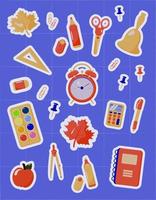 Set of cartoon items for elementary school. Collection of cute stickers on a plaid background. vector