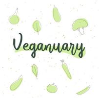 Presentation of vegan diet month in January called Veganuary. Lettering with vegetables. Watercolor dot texture. A call to become vegan. vector