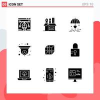 Editable Vector Line Pack of 9 Simple Solid Glyphs of box security stationary cctv love Editable Vector Design Elements