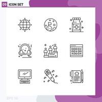 Pictogram Set of 9 Simple Outlines of leaderboard multimedia health audio headphone Editable Vector Design Elements