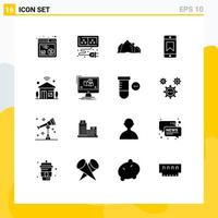 Set of 16 Vector Solid Glyphs on Grid for internet device hill award scene Editable Vector Design Elements