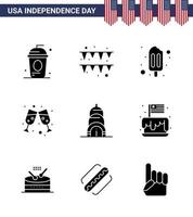 Happy Independence Day Pack of 9 Solid Glyphs Signs and Symbols for festival building ice cream chrysler wine Editable USA Day Vector Design Elements