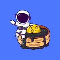 lindo astronauta sentado en la ilustración de iconos de vector de dibujos animados de panqueques. concepto de caricatura plana. adecuado para cualquier proyecto creativo.