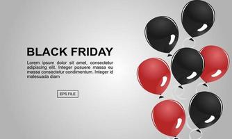 concepto de súper venta de viernes negro globo rojo blanco y negro con cuerda flotando sobre fondo blanco diseño horizontal vector