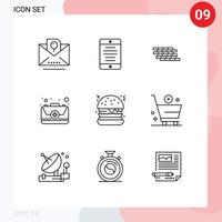 Pictogram Set of 9 Simple Outlines of burger first firewall emergency bricks Editable Vector Design Elements