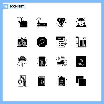 Mobile Interface Solid Glyph Set of 16 Pictograms of setting design gemstone creative group insurance Editable Vector Design Elements