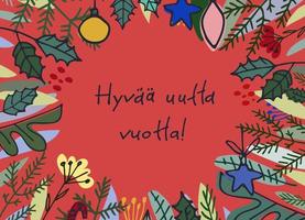 hyvaa huutta vuotta. tarjeta de felicitación finlandesa de año nuevo. diseño elegante con abetos dibujados a mano y letras a mano sobre fondo turquesa. texto en finlandés dice feliz año nuevo vector