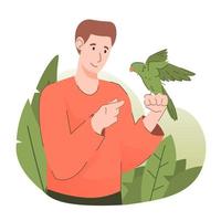 Young man with parakeet. People and pet concept vector