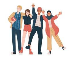 grupo de estudiantes multiculturales. jóvenes estudiantes felices con ropa informal abrazándose, saludando con la mano vector