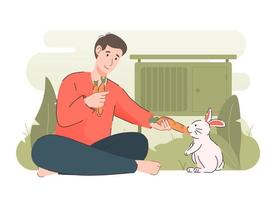 Man feeding rabbit with carrot. People and their pet concept vector