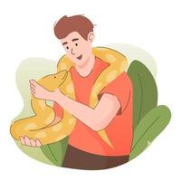 hombre que sostiene la serpiente pitón amarilla. concepto de personas y mascotas vector