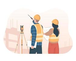 Surveyor engineer with theodolite looking at construction site vector