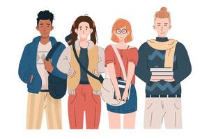 Group of smiling teenage girls and boys with backpacks and books. Happy students in casual clothes. Flat cartoon illustration vector